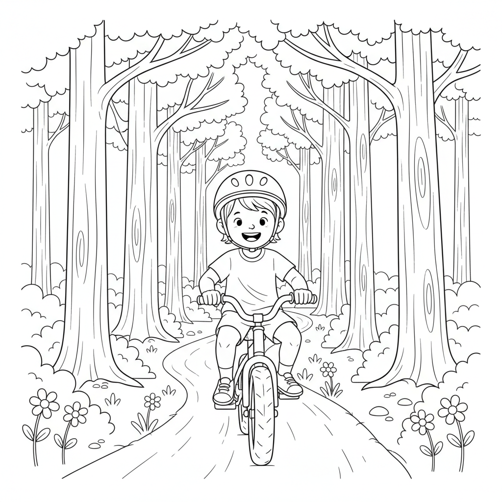 Black and white line art coloring page of a child wearing a helmet, happily riding a bicycle on a winding dirt path through a forest.