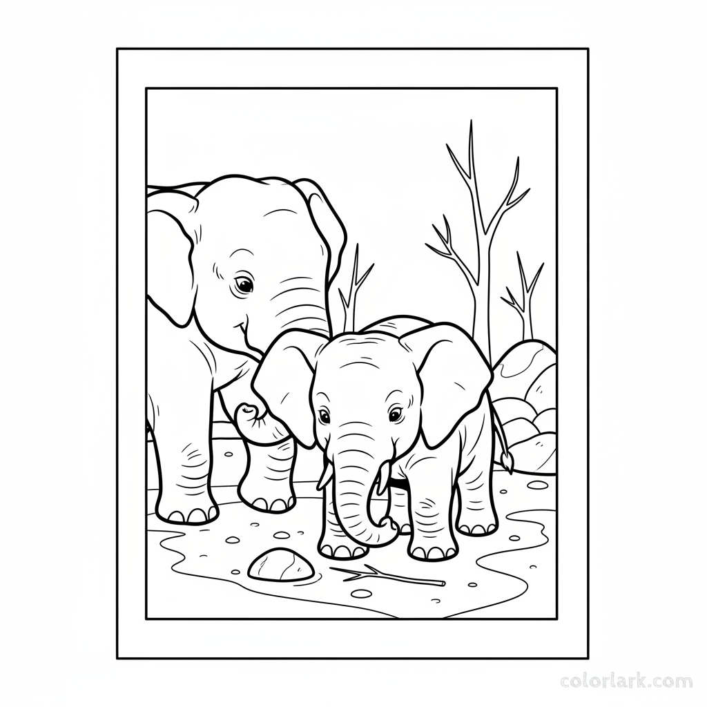 Black and white outline of a young elephant calf playfully exploring the ground with its trunk in its zoo enclosure.