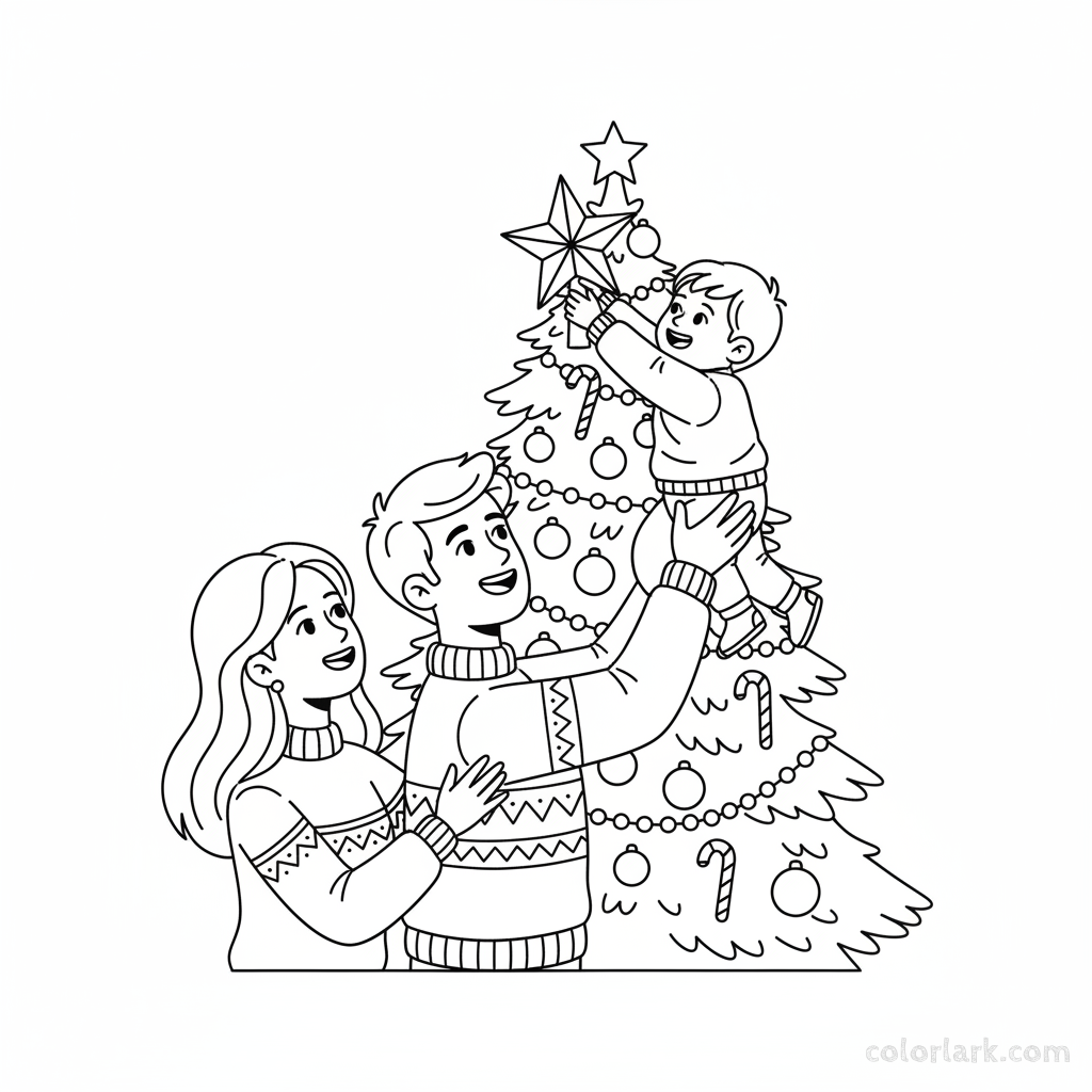 Line art of a young family placing a star topper on their first Christmas tree.