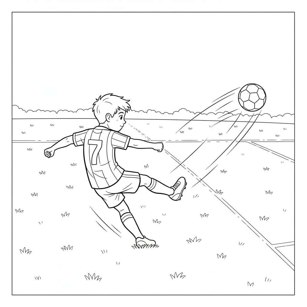 Line art of a young football ace performing a powerful strike.