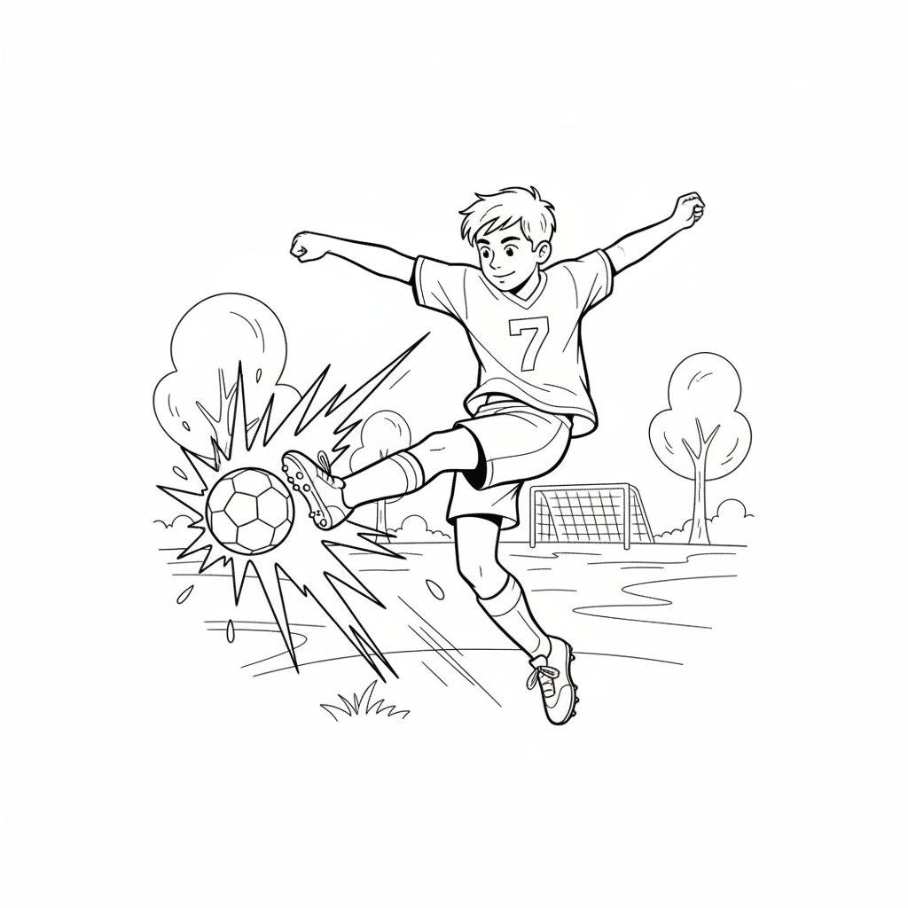 Line art of a young football enthusiast making an explosive kick.