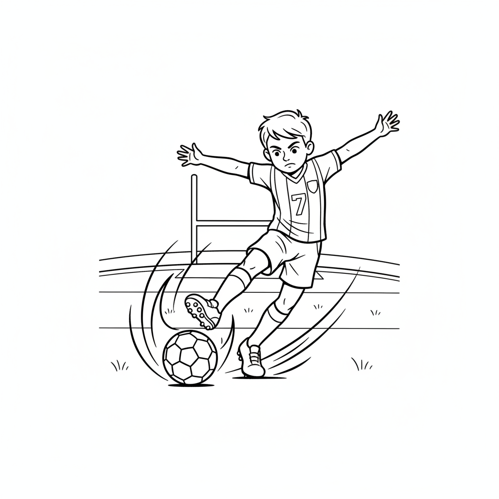 Line art of a young football enthusiast making a mighty strike.