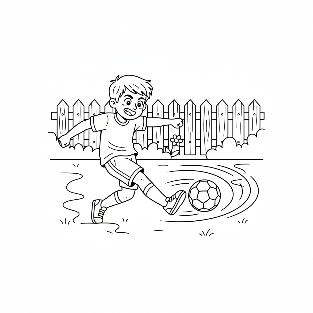 Line art of a young football enthusiast power-kicking a ball.