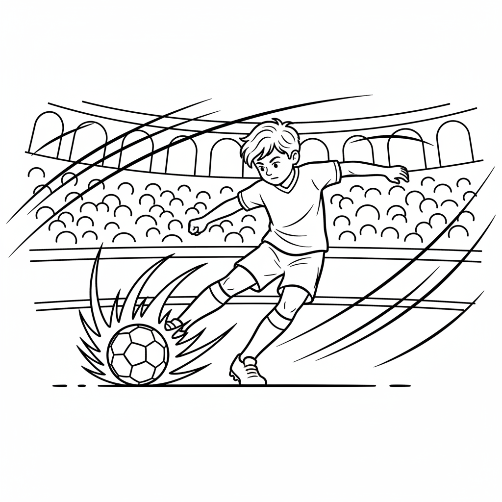 Line art of a young football player executing an intense strike.