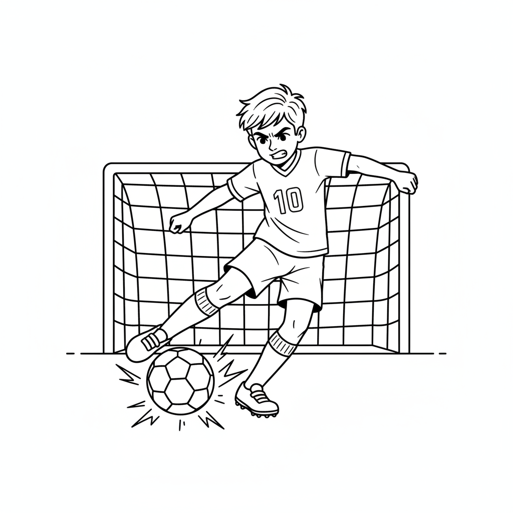 Line art of a young footballer performing an intense ball strike.