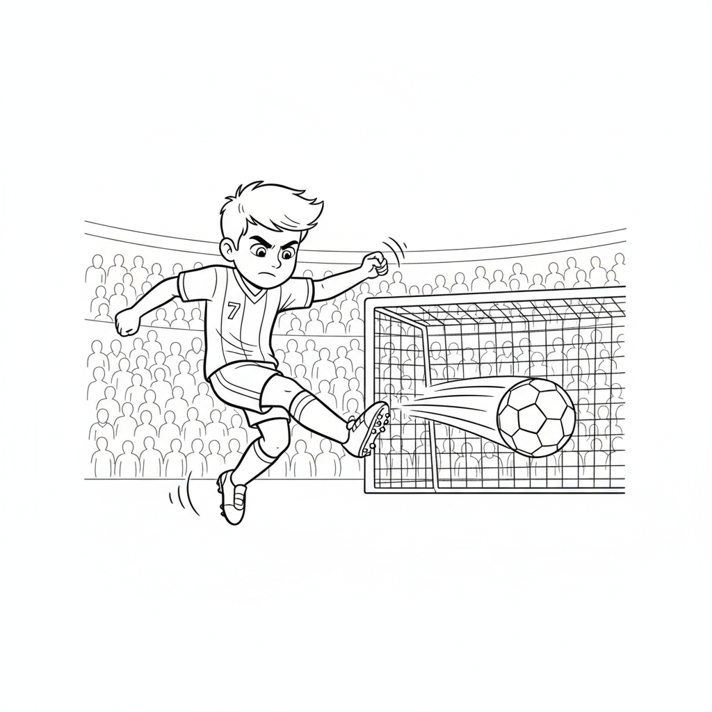 Line art of a young footballer making a game-changer shot.