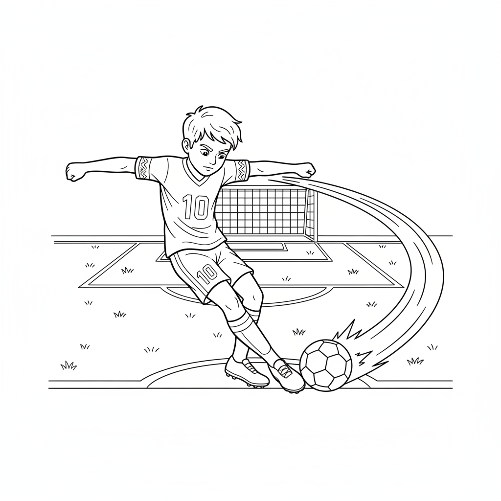 Line art of a young footballer performing a masterful power kick.