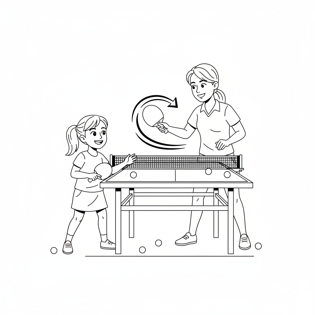 Black and white line art of a young girl learning topspin serve technique from her coach at a table tennis table.