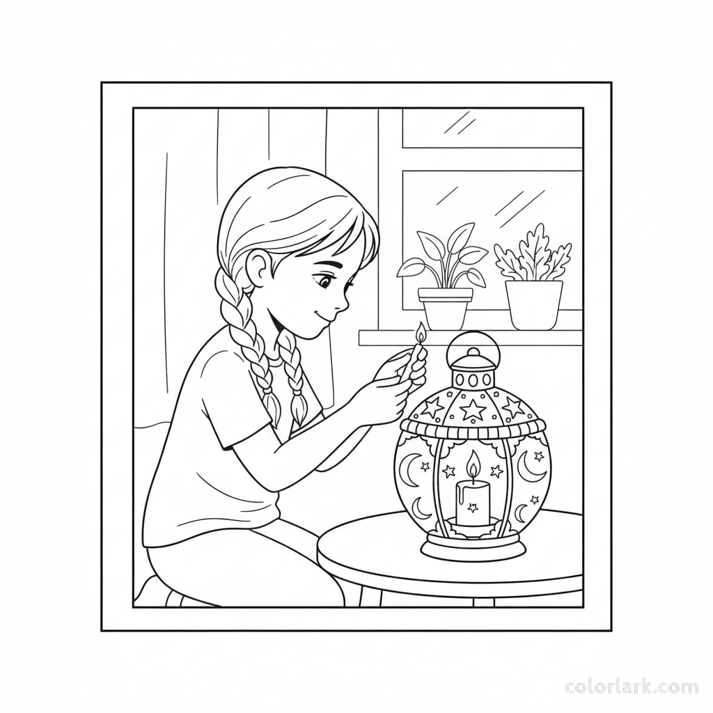 Young girl carefully lighting a decorative candle lantern for Diwali ambiance, focused and gentle, black-and-white line art