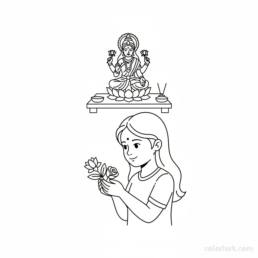 Young girl respectfully offering flowers to a small outlined statue of Goddess Lakshmi for Diwali, black-and-white line art