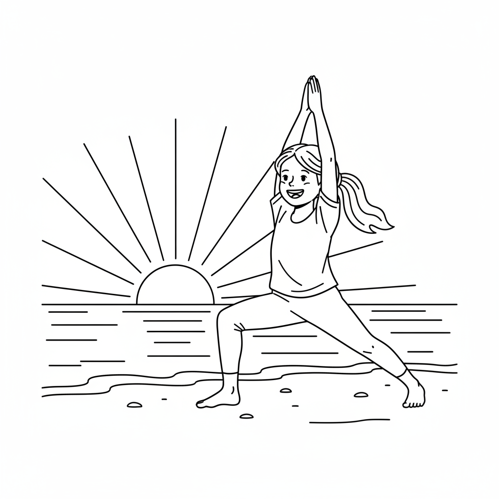 Line art of a young girl in Warrior I yoga pose at a sunrise beach, for coloring.