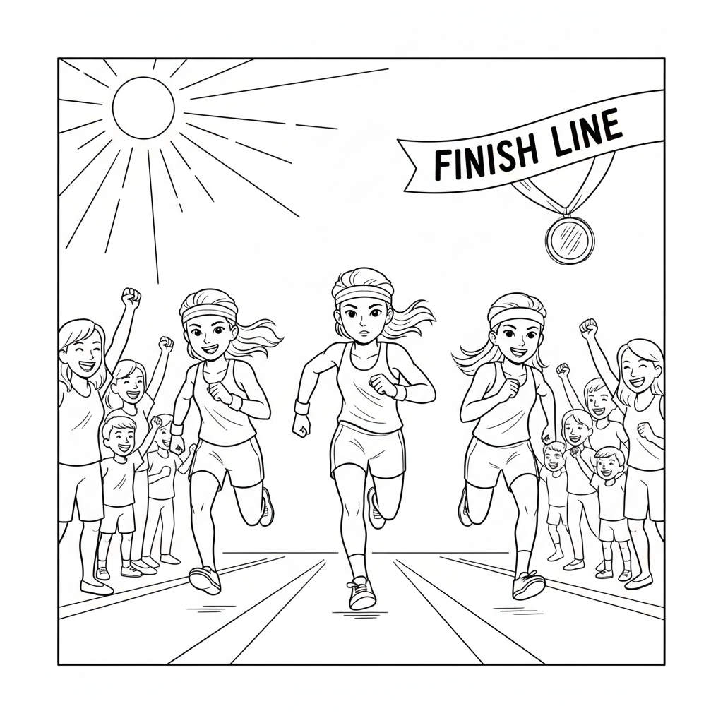 Line art of young girls sprinting towards a finish line with a 'gold medal' motif, cheered by a crowd