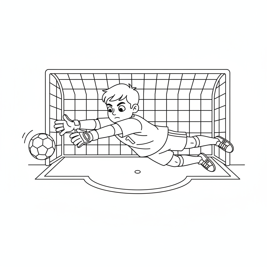 Black and white line art of a young boy goalkeeper in a full-extension dive, just about to save a penalty kick soccer ball.