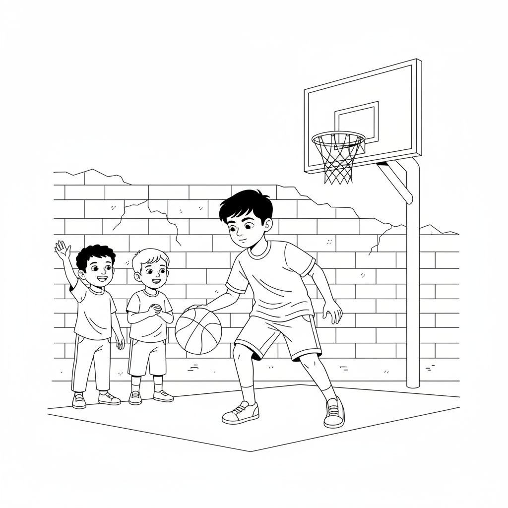 Line art of a young Indian athlete dribbling a basketball on a street, with two friends watching.