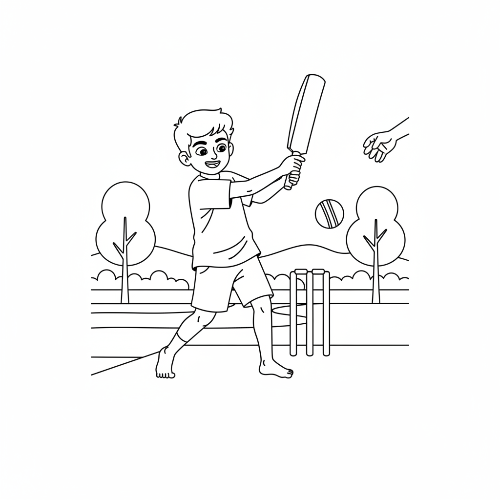 Line art coloring page of an Indian boy batting a cricket ball, with stumps in the background.