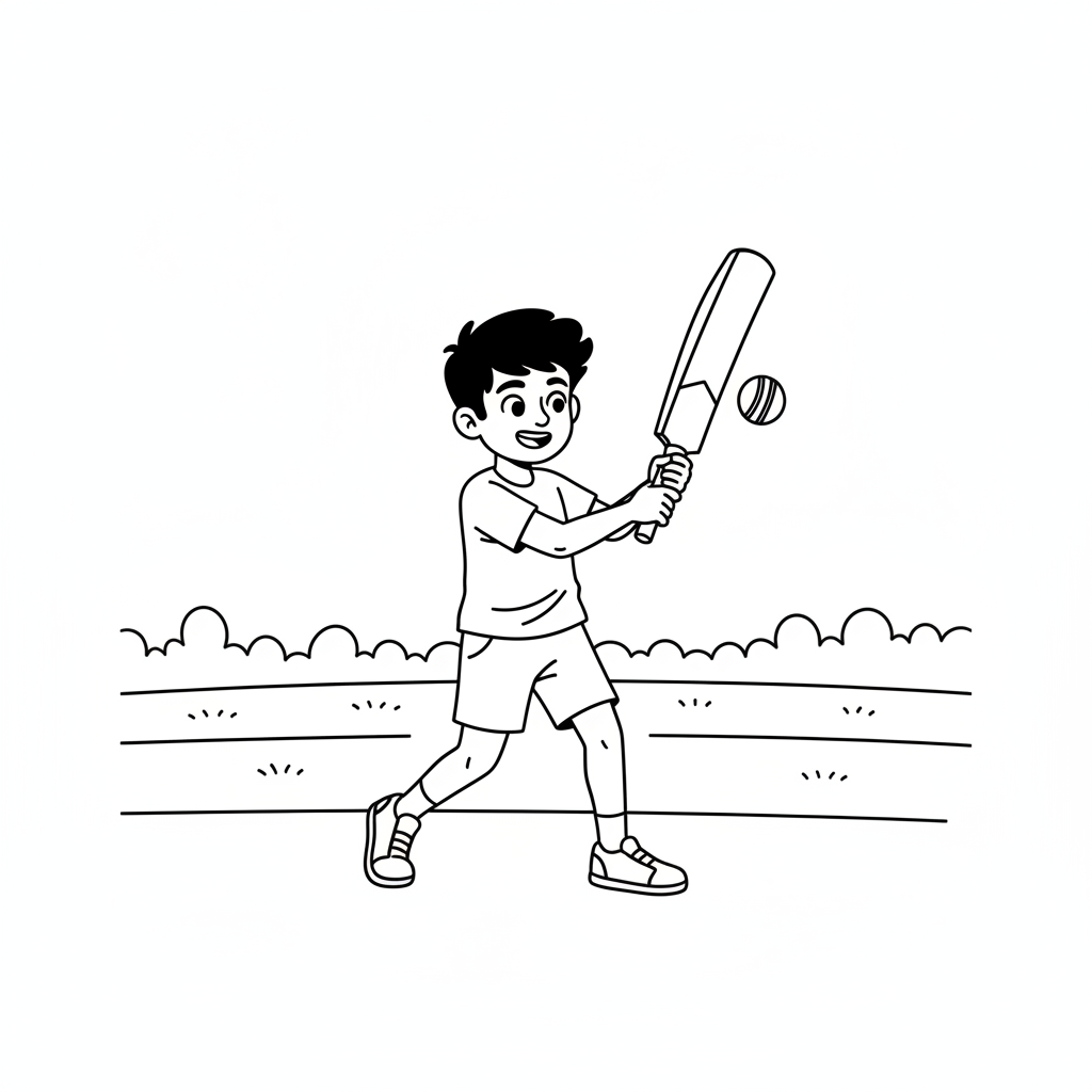 Line art of a young Indian boy happily swinging a cricket bat on a sunny cricket field.