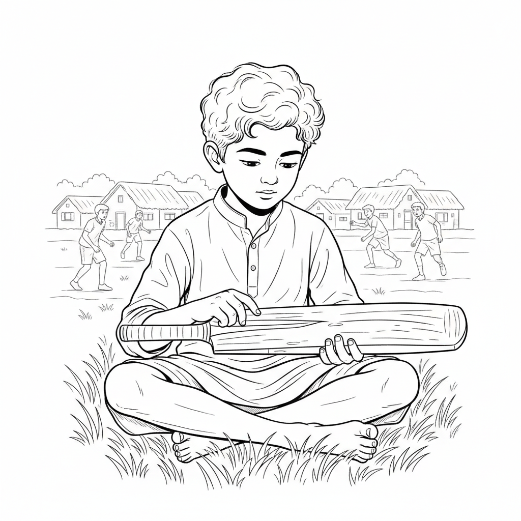 Young Indian boy sitting on village ground, thoughtfully inspecting his simple cricket bat.