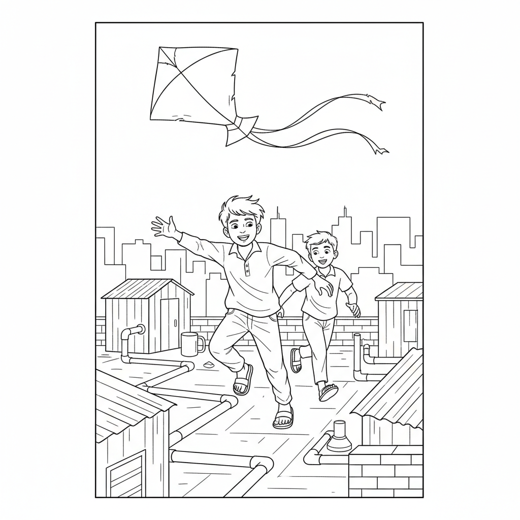 Line art of young Indian boys chasing a falling kite on a busy Indian city rooftop, for coloring.