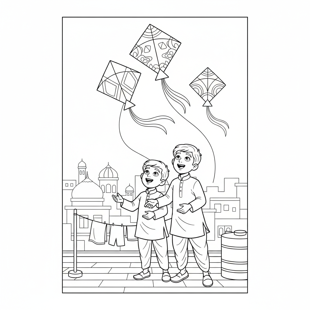 Line art of young Indian boys gazing at kites soaring high above an Indian city rooftop, for coloring.