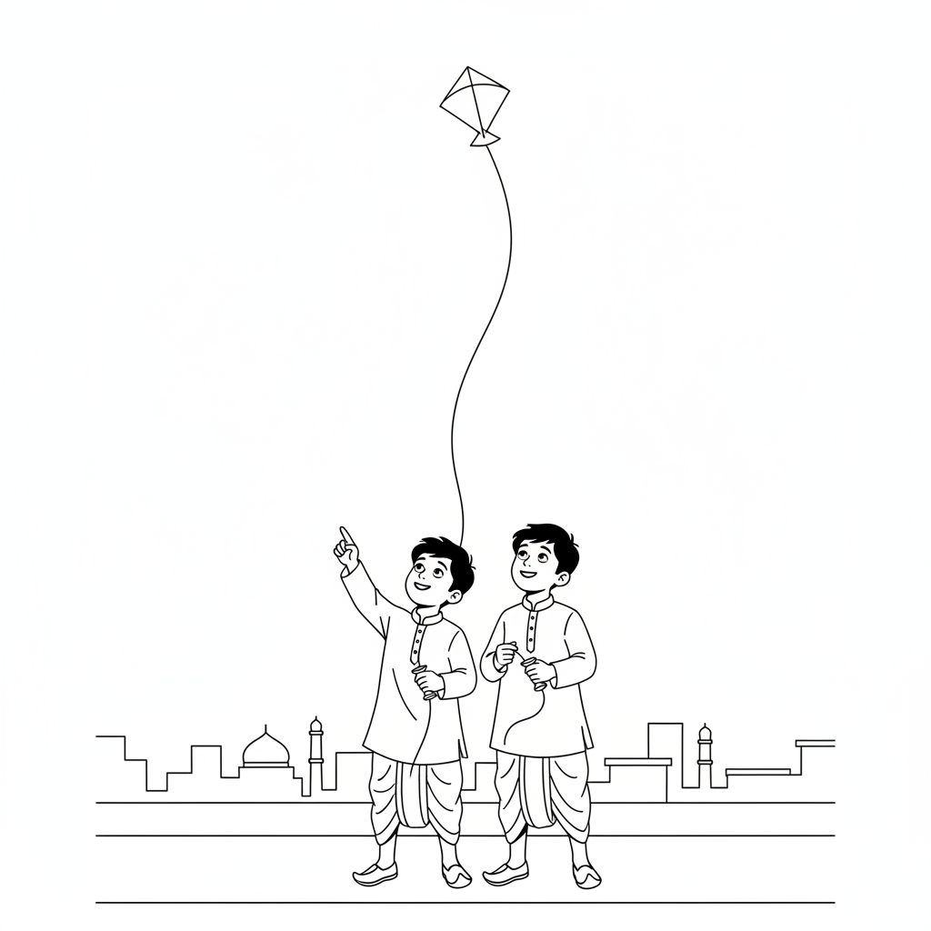 Line art of young Indian boys gazing up at a solo kite flying high from an Indian city rooftop, for coloring.