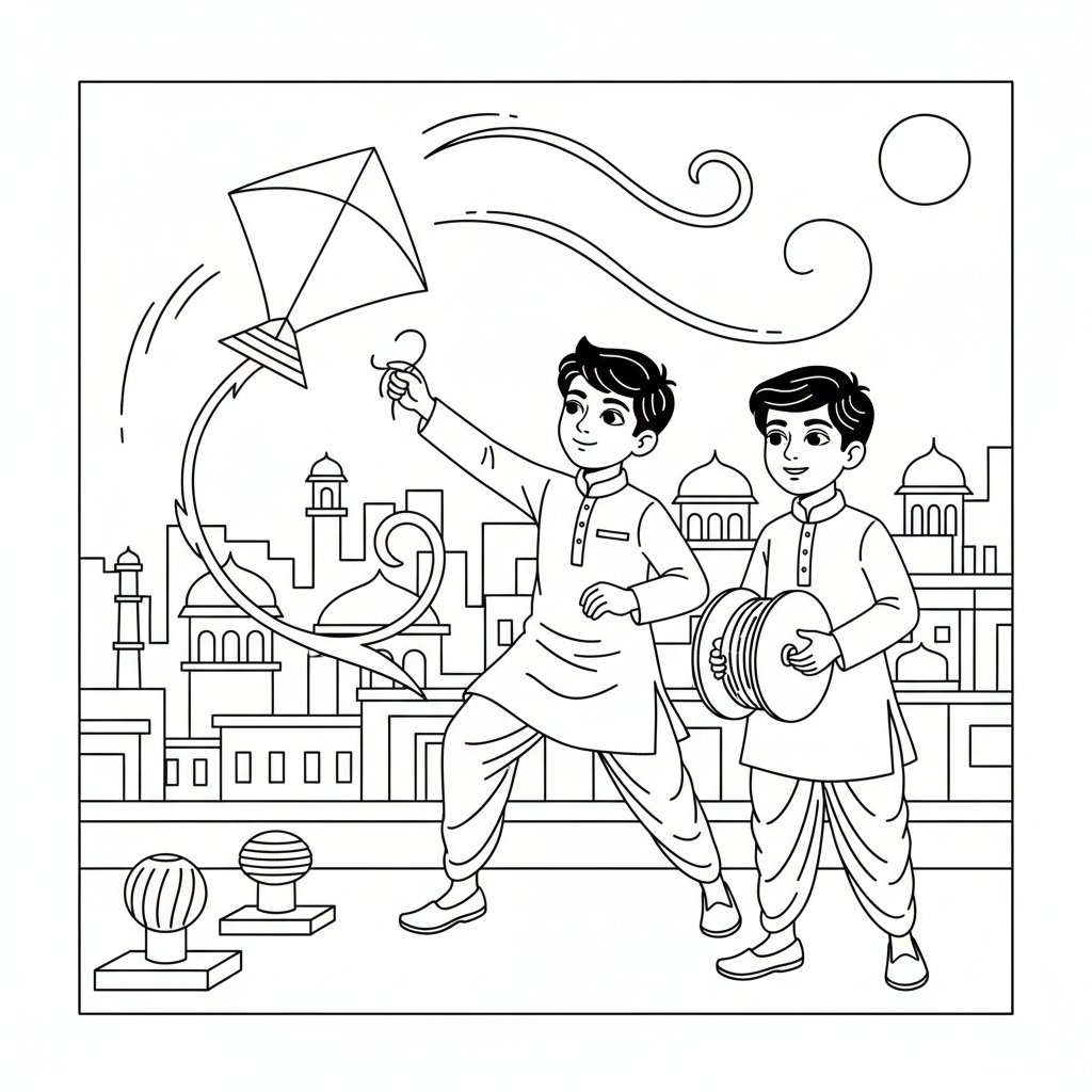 Line art of young Indian boys practicing kite maneuvers on an Indian breezy city rooftop, for coloring.