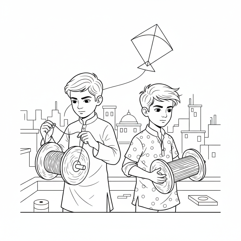 Line art of young Indian boys with their kite manjha (string spools) on an Indian city rooftop, for coloring.