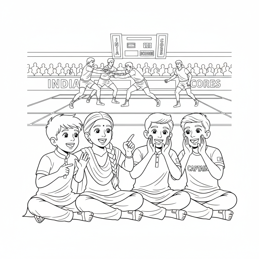 Line art of young Indian brothers and sisters watching a Kabaddi National Match together, showing shared excitement.