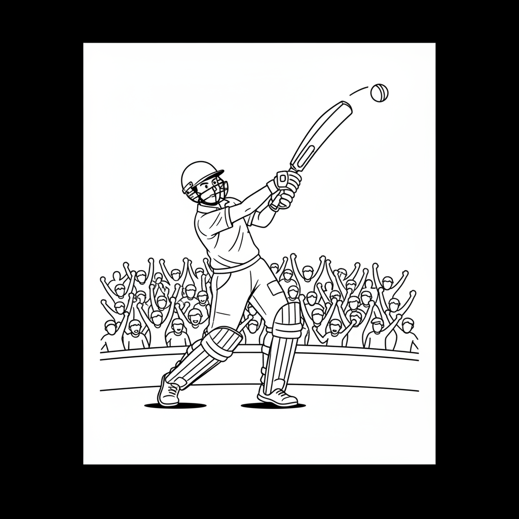 Black and white line art of a young Indian cricket player hitting a towering six in a stadium with cheering fans.