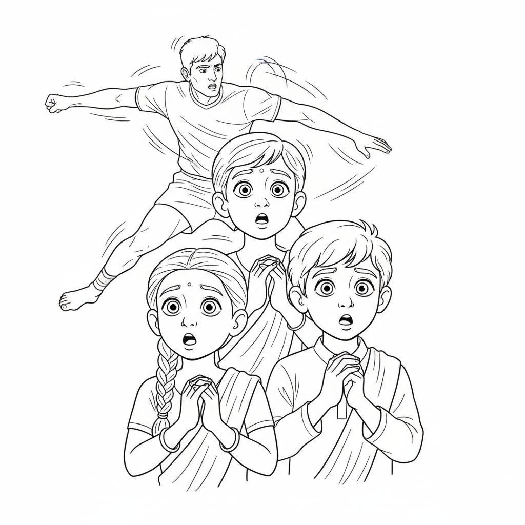 Line art showing young Indian children with gasping expressions, reacting to an intense play in a Kabaddi National Championship.