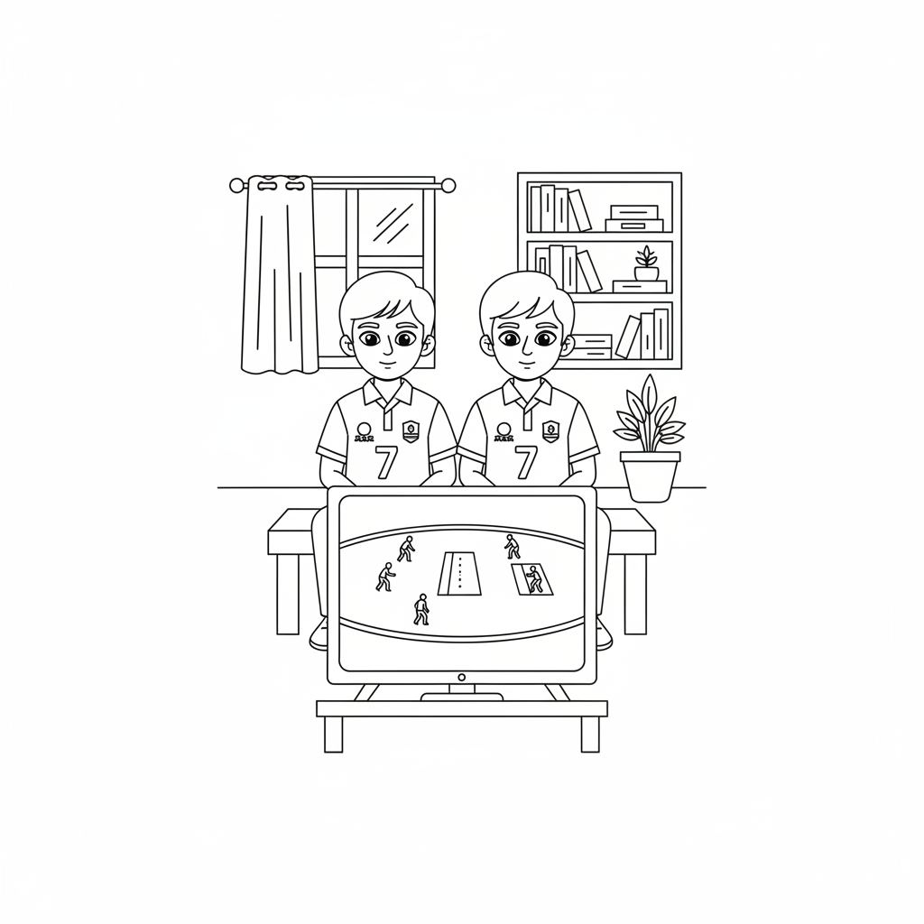 Black and white line art of young Indian children wearing cricket team jerseys and watching a cricket match on a television screen.