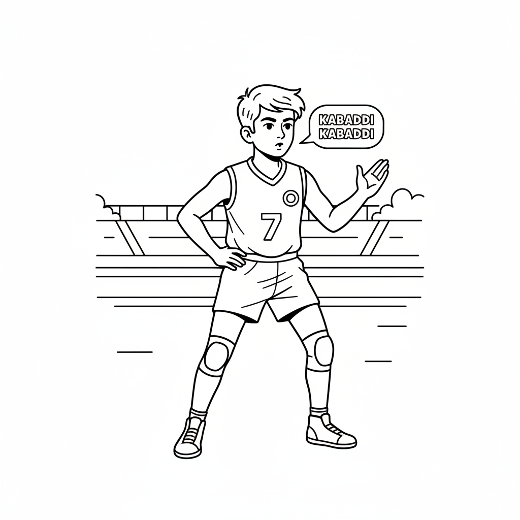 Black and white line art of a young Indian Kabaddi player practicing his 'Kabaddi Kabaddi' chant.