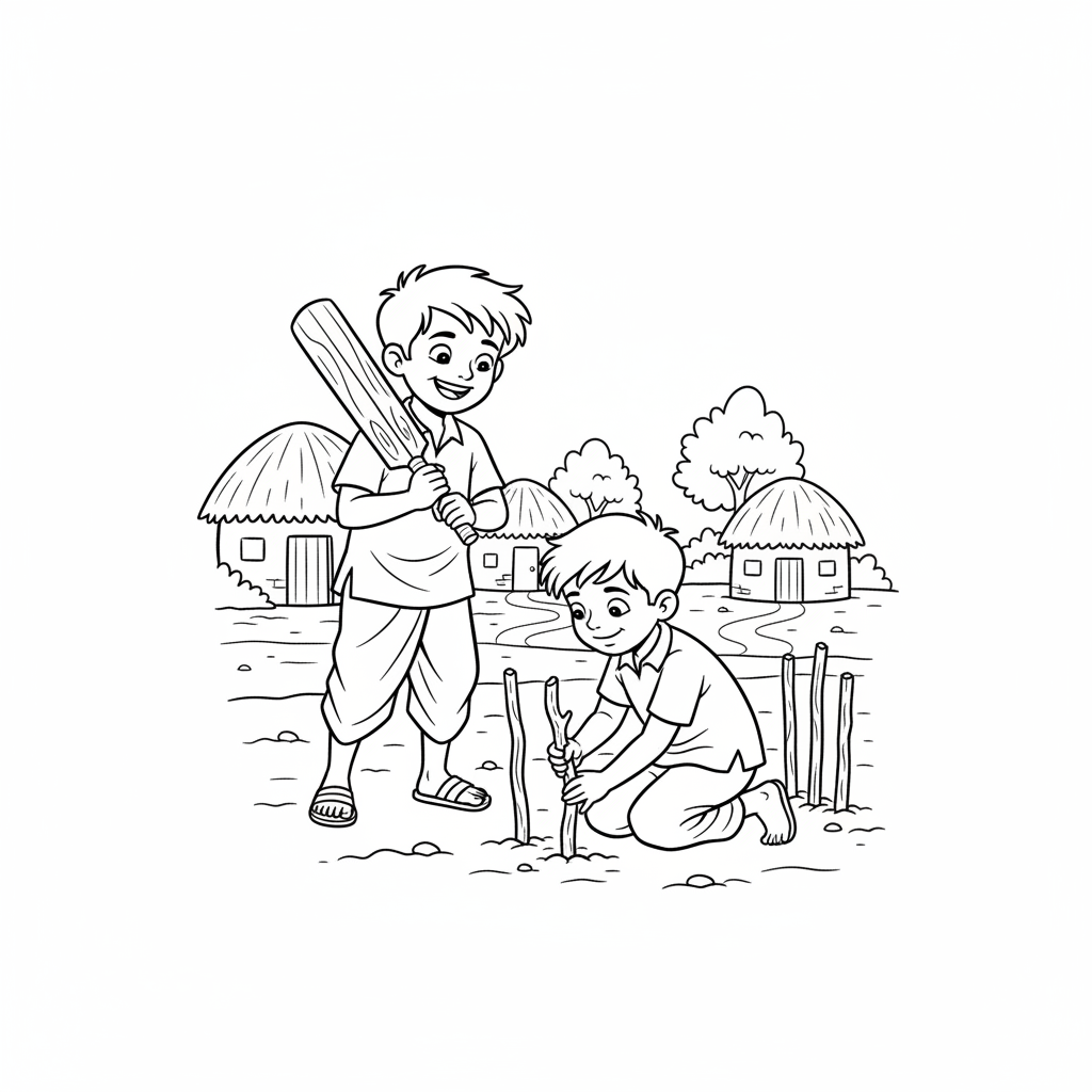 Two Indian children on a village ground setting up three sticks as makeshift cricket wickets for a game.