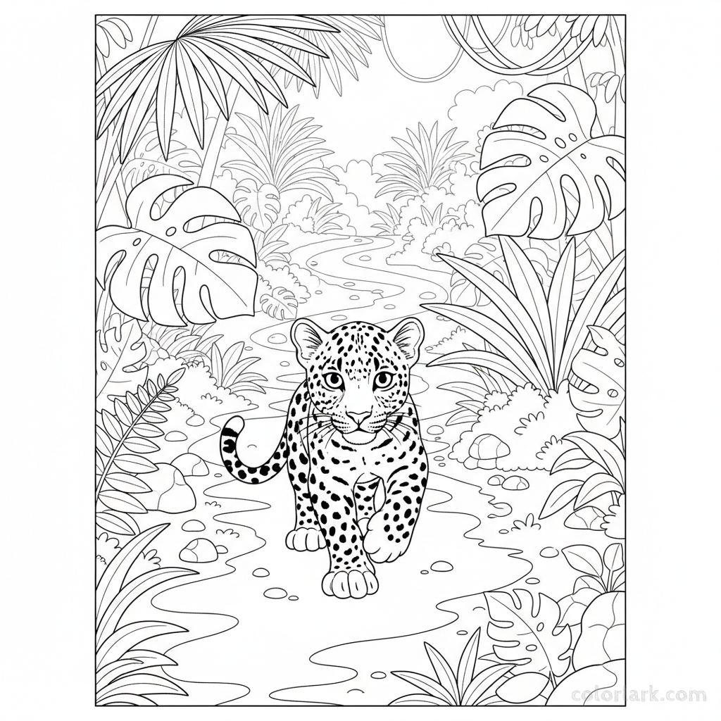 Young Indian Leopard exploring jungle path coloring page for kids