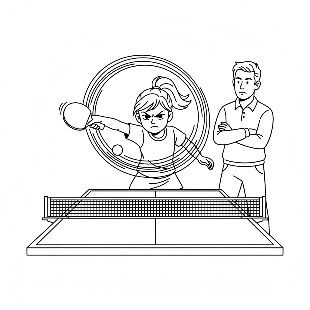 Black and white line art of a young girl focusing on her arm swing for a powerful table tennis spin serve.