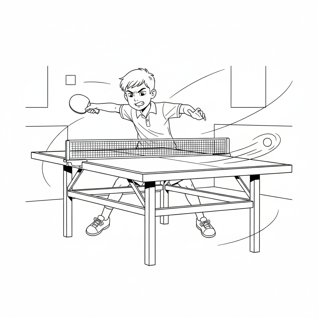 Line art of a young ping pong player engaged in a backhand rally.