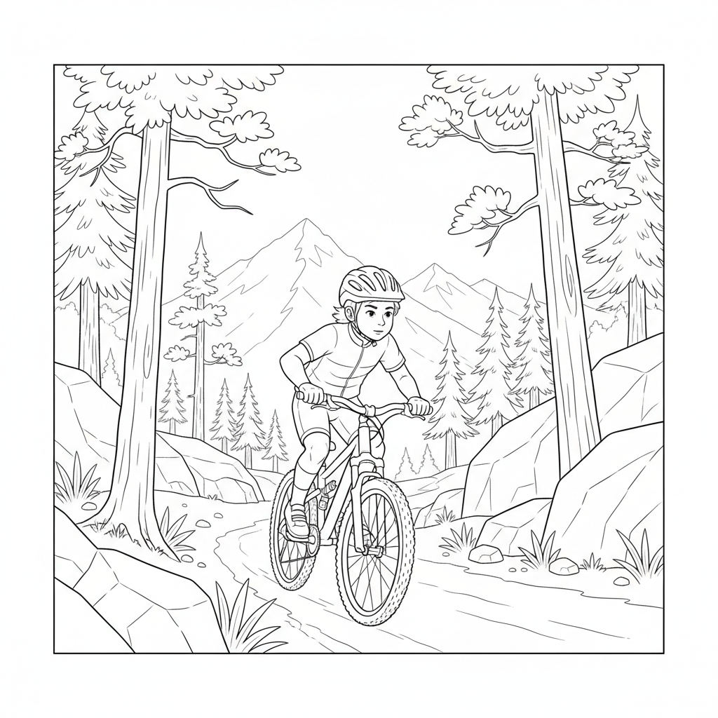 Black and white line art coloring page of a child with a helmet, riding a bicycle on a secluded mountain footpath.