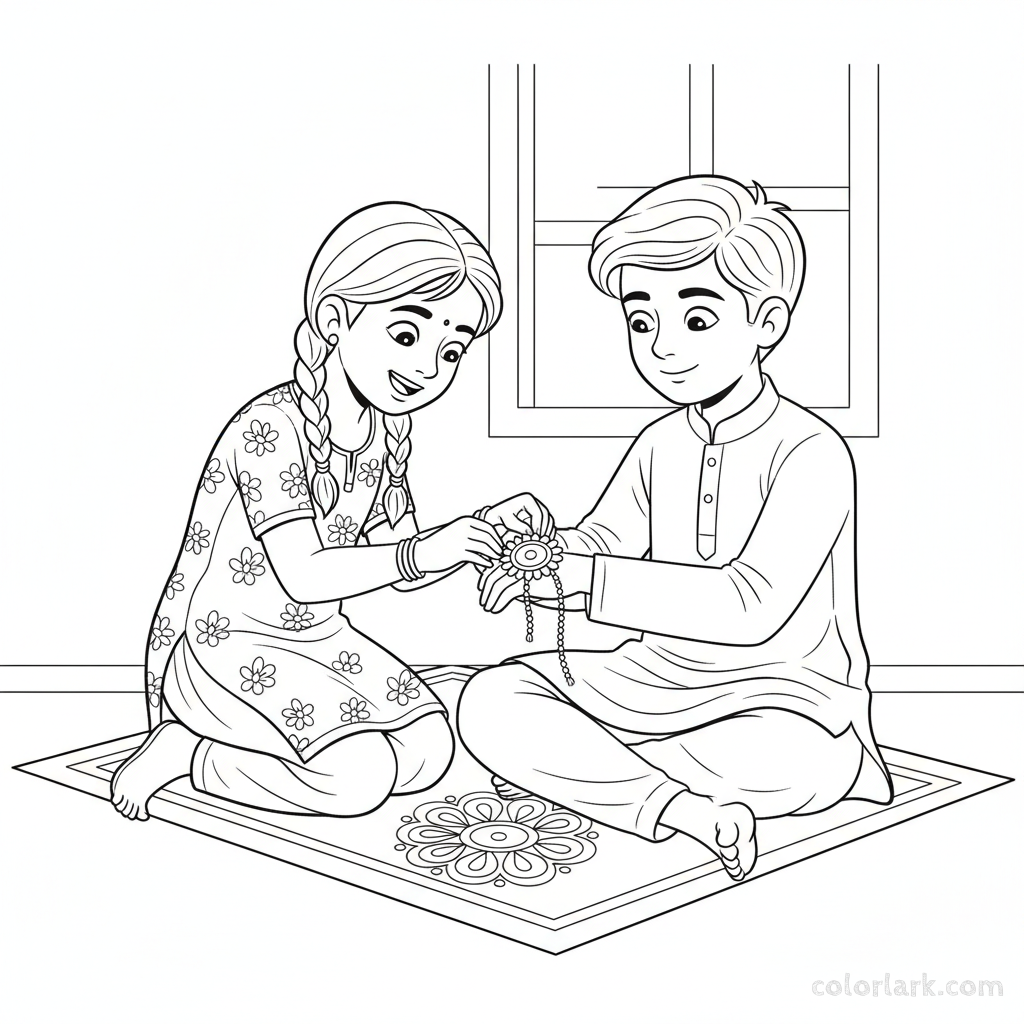 Line art of a young sister tying a traditional Rakhi on her brother's wrist