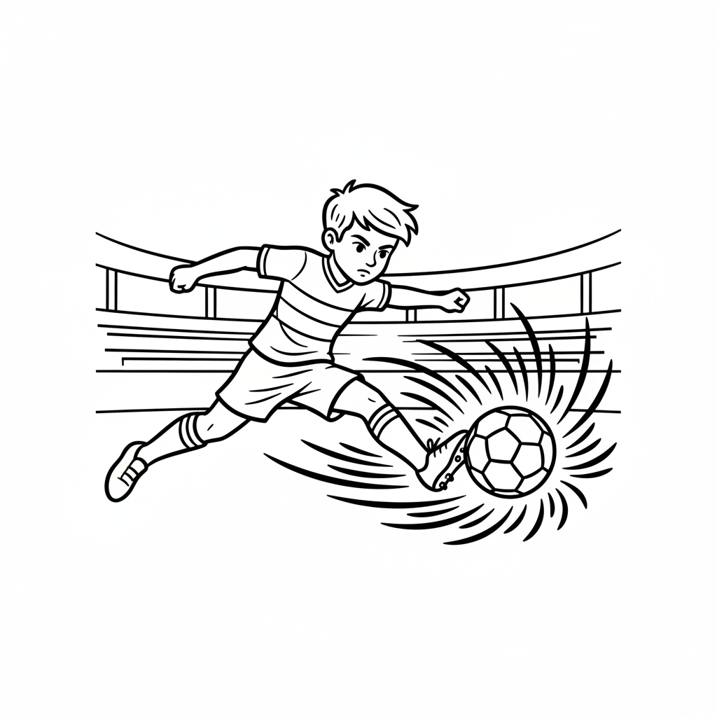 Line art of a young soccer star unleashing a full power kick.
