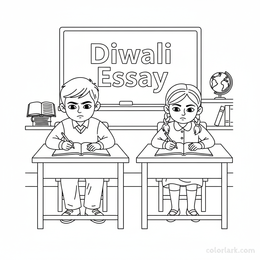 Young students diligently writing essays about the meaning of Diwali festival in a classroom setting, black-and-white line art