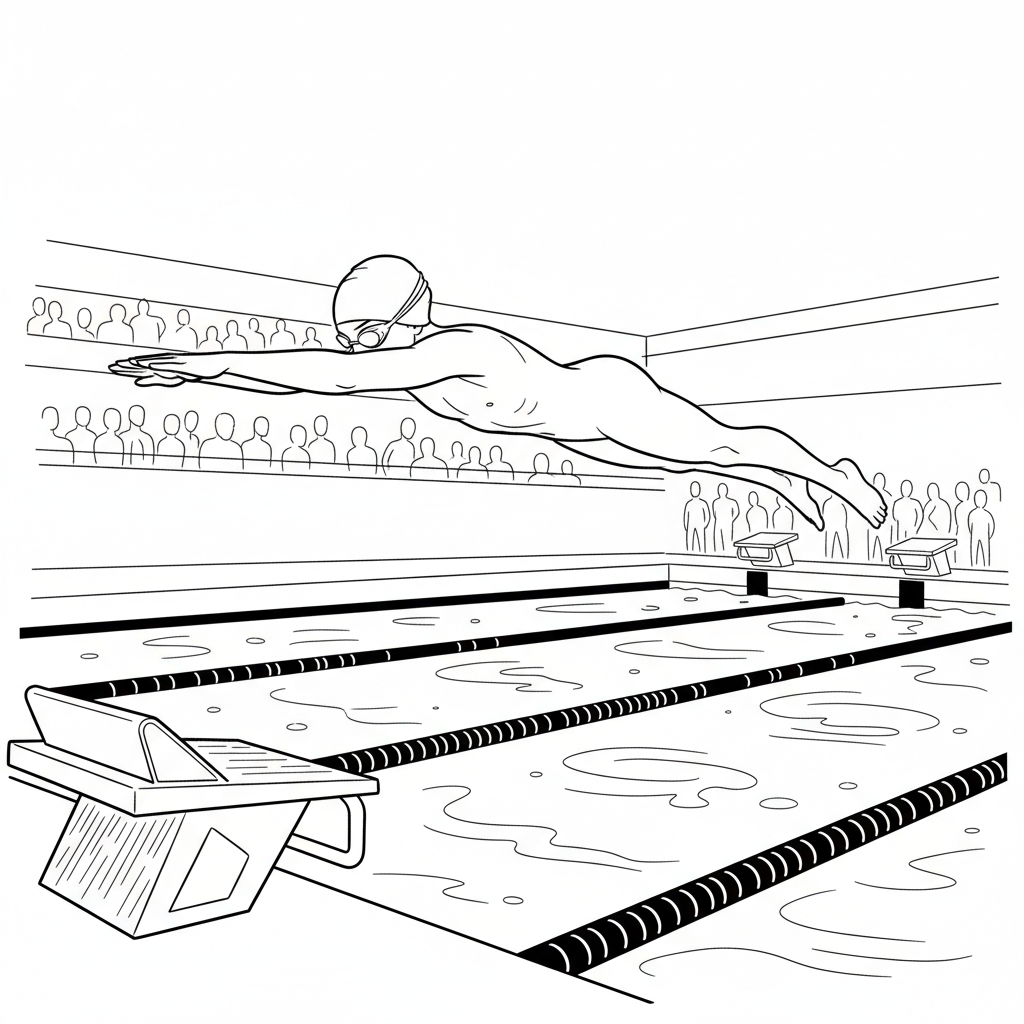 Black and white line art of a young swimmer mid-dive from a starting block into a swimming pool during a competition.
