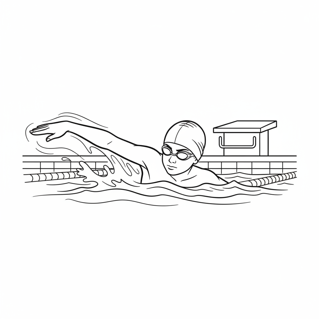 Black and white line art of a young swimmer mastering freestyle technique in a pool, wearing a swim cap and goggles.