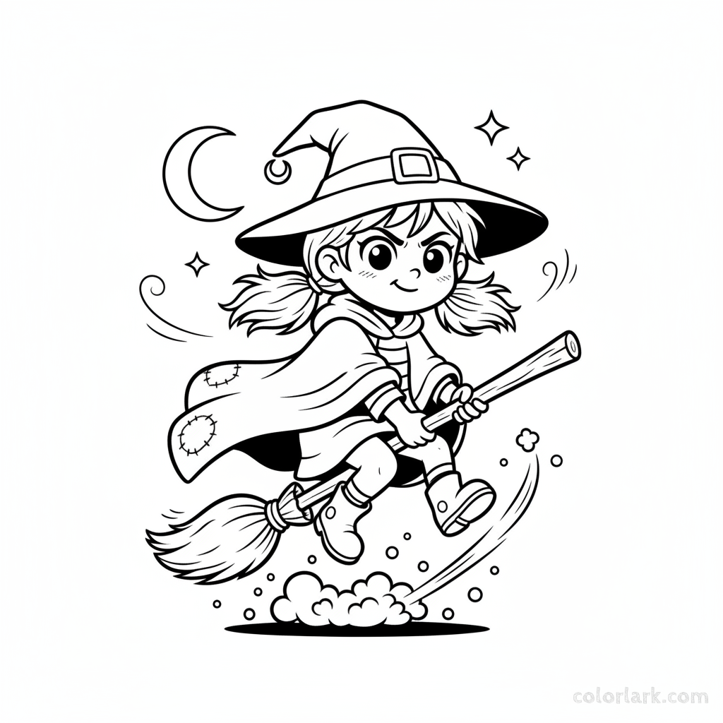 Black and white line art of a cute cartoon young witch learning to fly her broomstick, Halloween adventure coloring page.