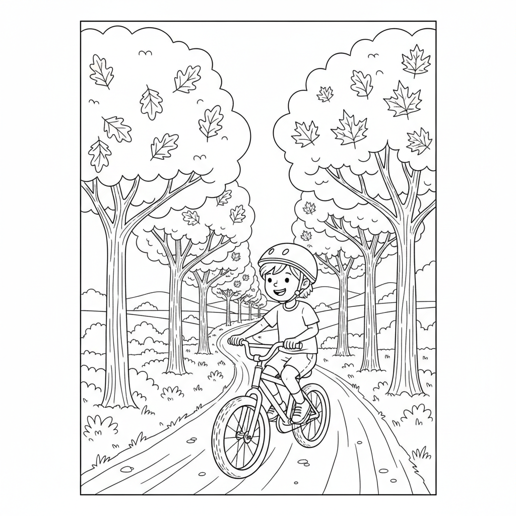 Black and white line art coloring page of a child with a helmet, riding a bicycle on a tree-lined country lane.