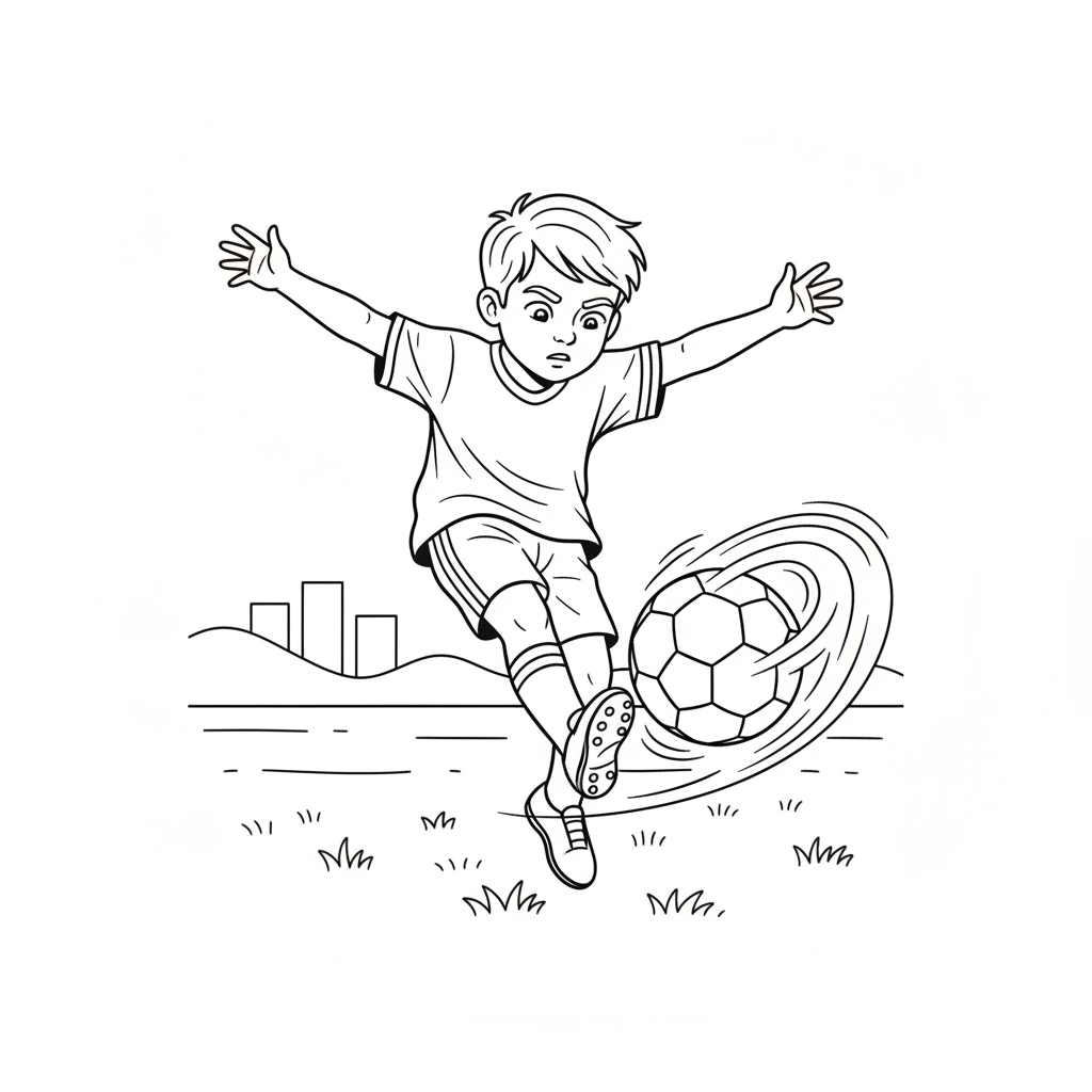Line art of a youngster unleashing a mighty soccer strike.