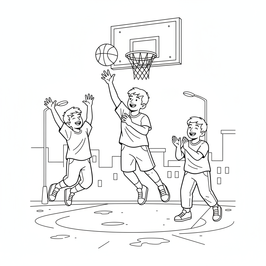 Line art of an Indian youngster making a basketball shot on the street, with two friends cheering.