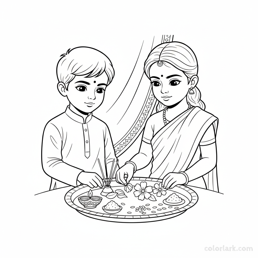 Youngsters carefully preparing a small traditional puja thali with various items for Diwali rituals, black-and-white line art