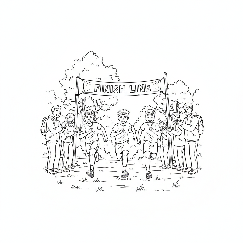 Line art of young cross country runners sprinting to a grassy finish line with a cheering outdoor crowd