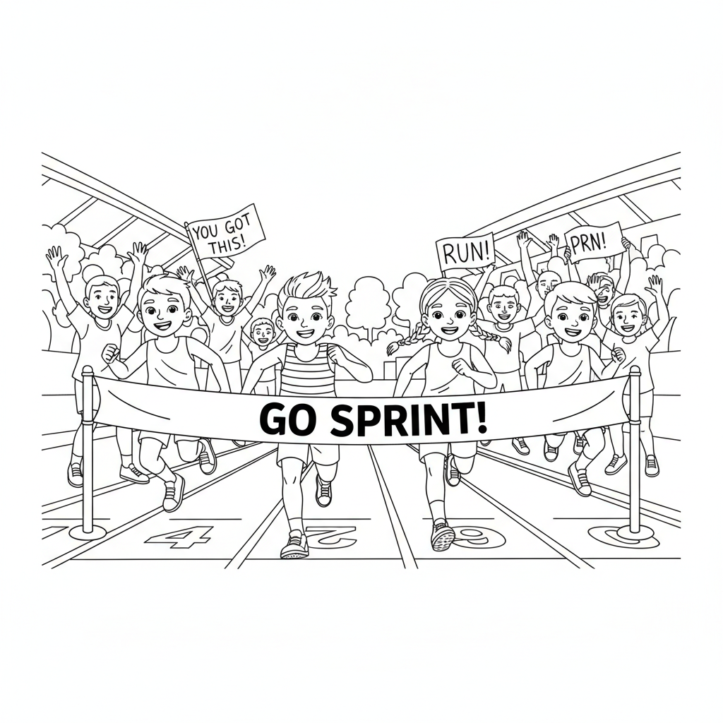 Line art of kids sprinting in a youth challenge race to a finish line banner with an encouraging crowd