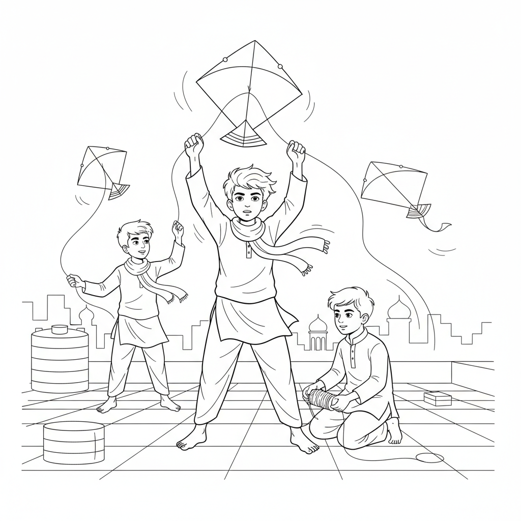 Line art of youthful Indian boys mastering kite flying on a windy Indian city rooftop, for coloring.