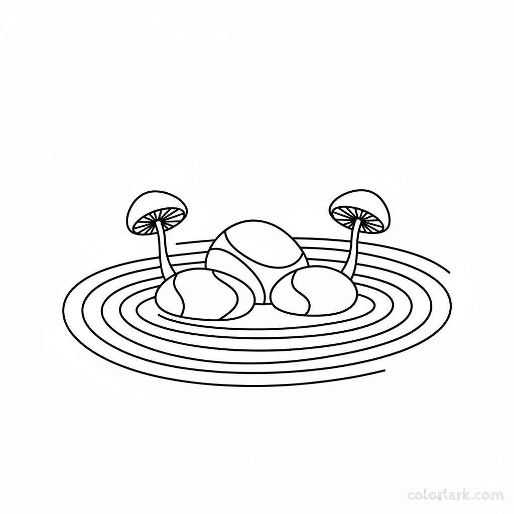 Black and white line art of a Zen garden with smooth stones, raked sand patterns, and elegant minimalist mushrooms, for coloring.